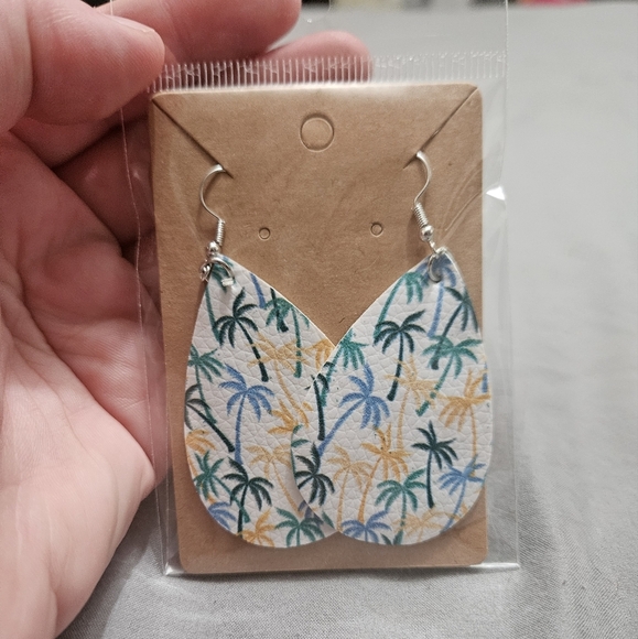 Tropical Palm Leaf Teardrop Earrings Faux Leather Double Sided! - Picture 1 of 3